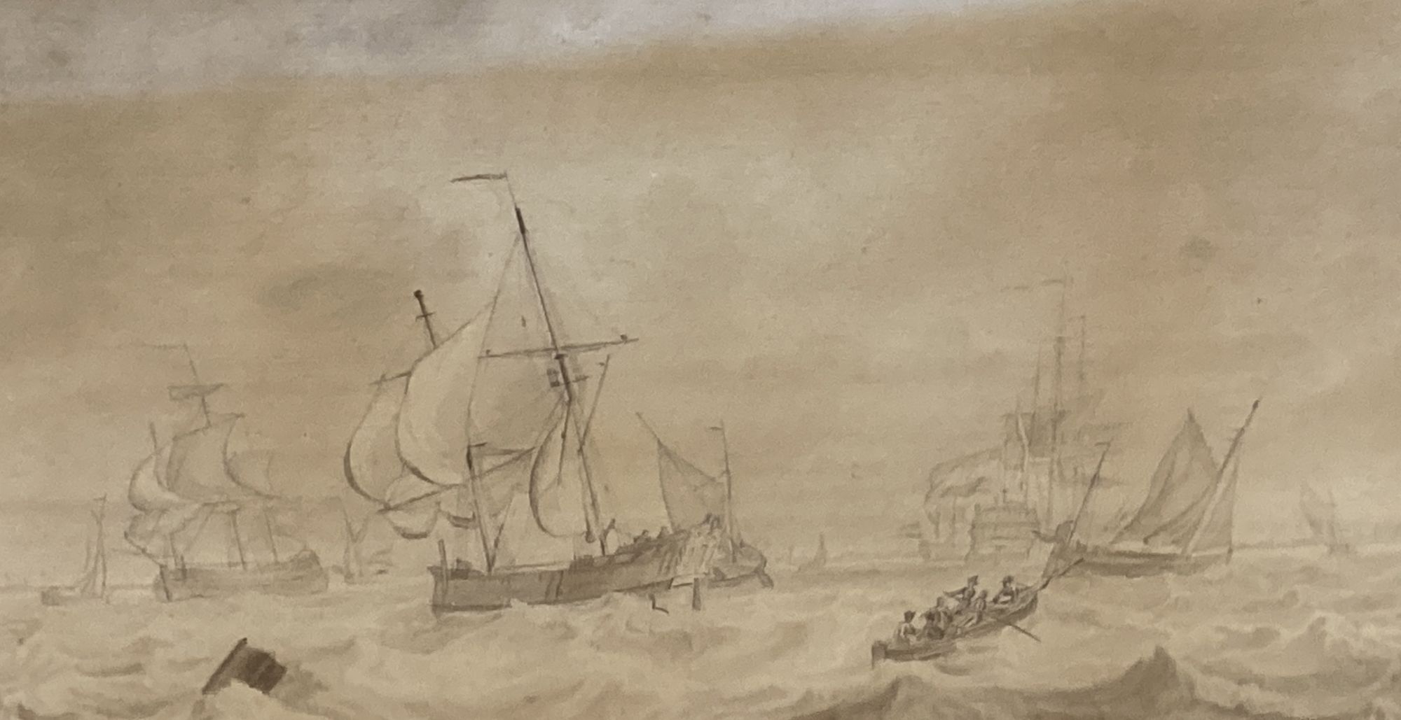 Attributed to Cornelis Thim (1754-1813), pair of ink and wash studies, Shipping at sea, 16 x 27cm
